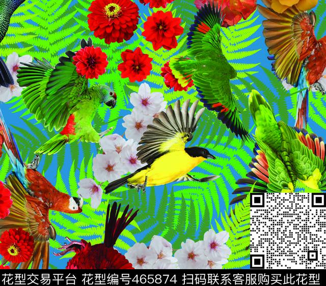 黄叶绿叶深绿鹦鹉百鸟小鸟动物植物数码印花华亿平台下载（图片编号: 465874） - 瓦栏（Walan）