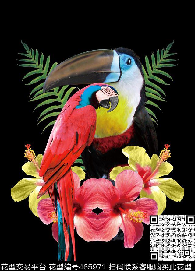 欧美风热带植物、大嘴鹦、鹦鹉、扶桑花、热带花欧式宫廷风数码印花华亿平台下载（图片编号: 465971） - 瓦栏（Walan）