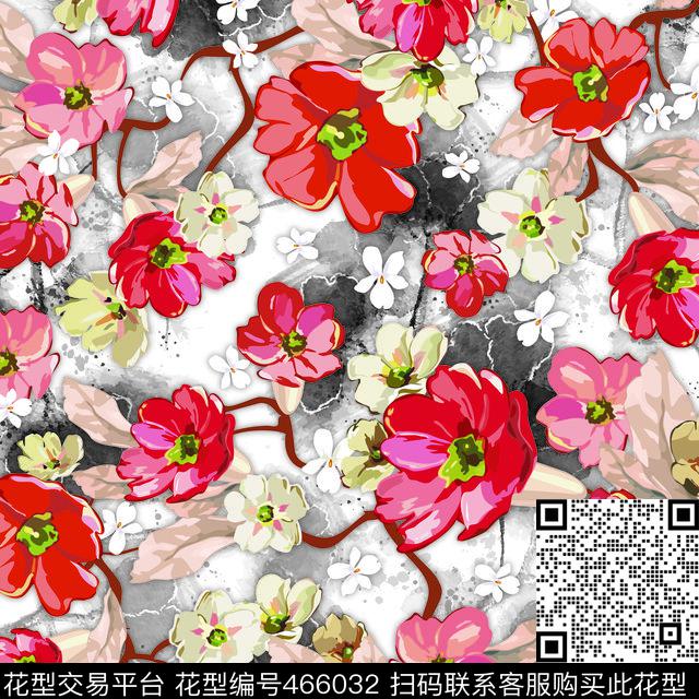花卉中国风水墨画底数码印花华亿平台下载（图片编号: 466032） - 瓦栏（Walan）