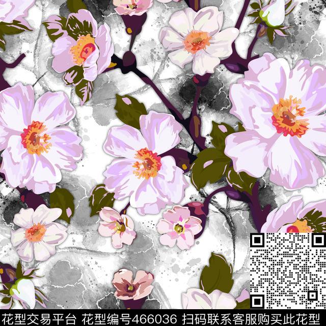 花卉中国风水墨画底数码印花华亿平台下载（图片编号: 466036） - 瓦栏（Walan）