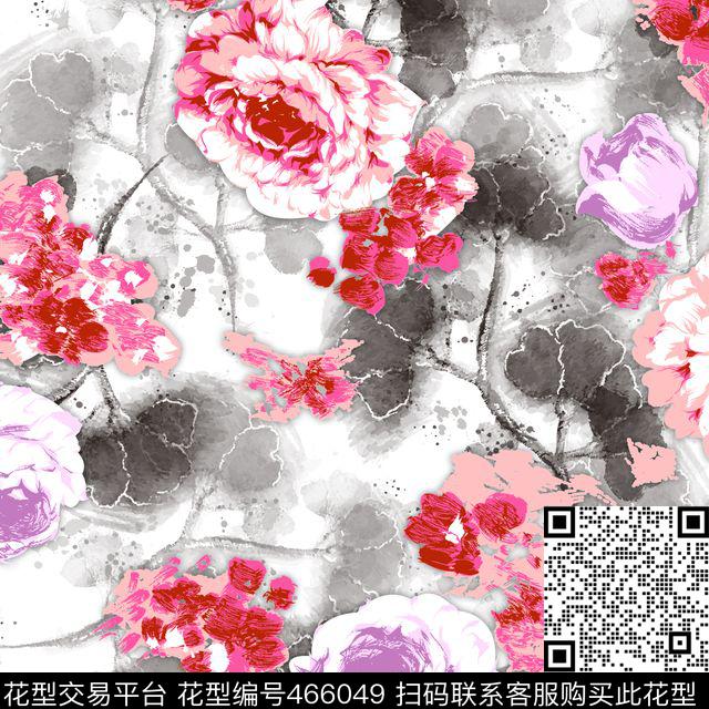 花卉中国风水墨画底数码印花华亿平台下载（图片编号: 466049） - 瓦栏（Walan）