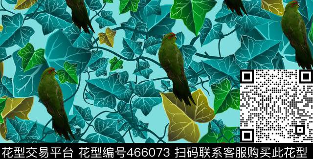 叶片鸟植物花卉数码印花华亿平台下载（图片编号: 466073） - 瓦栏（Walan）