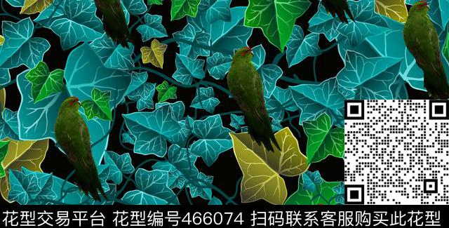 叶片鸟植物花卉数码印花华亿平台下载（图片编号: 466074） - 瓦栏（Walan）