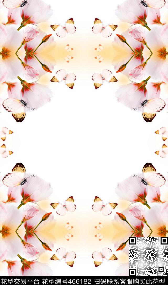 对称花卉粉色数码印花华亿平台下载（图片编号: 466182） - 瓦栏（Walan）