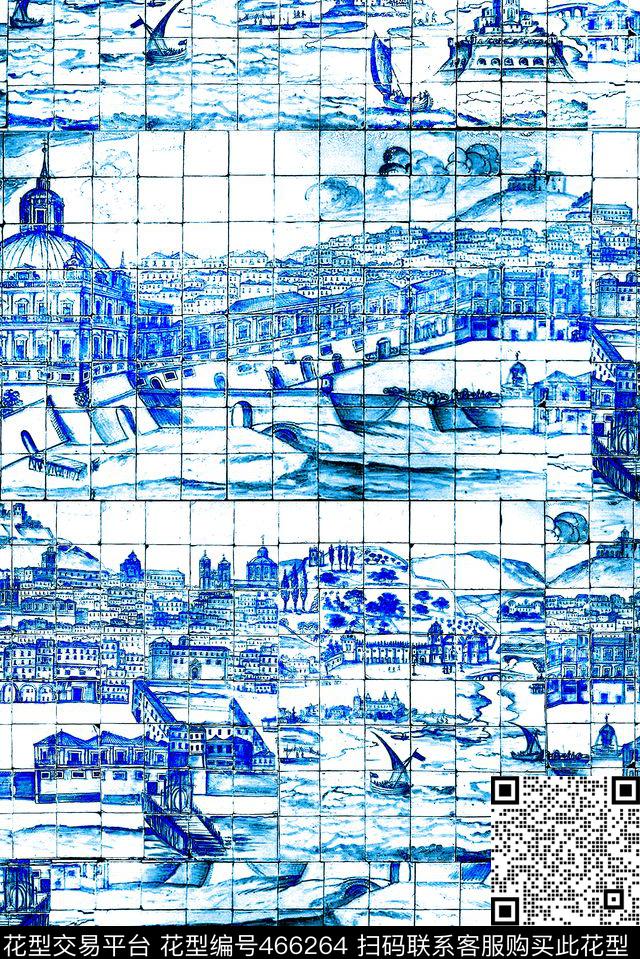 时尚风景青花瓷数码印花华亿平台下载（图片编号: 466264） - 瓦栏（Walan）