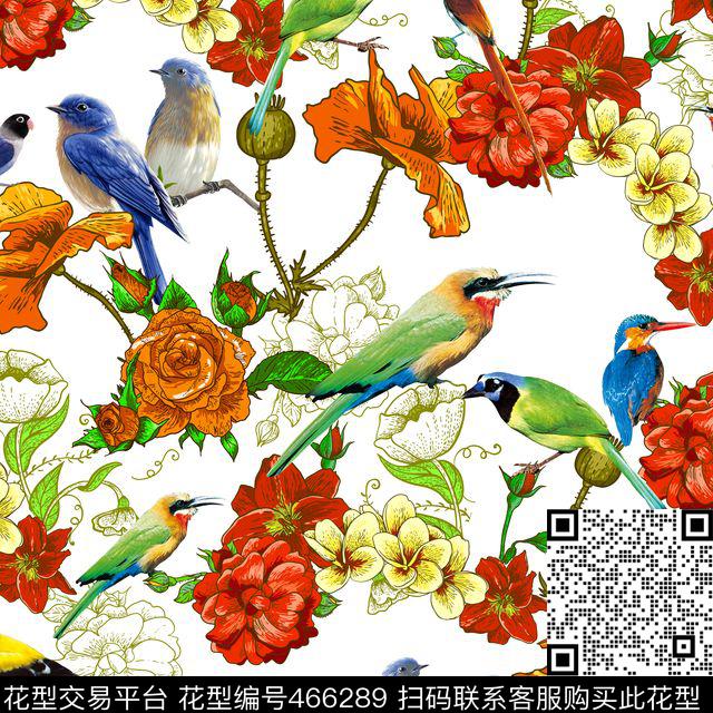 复古玫瑰喜鹊手绘复古古典中国风数码印花华亿平台下载（图片编号: 466289） - 瓦栏（Walan）