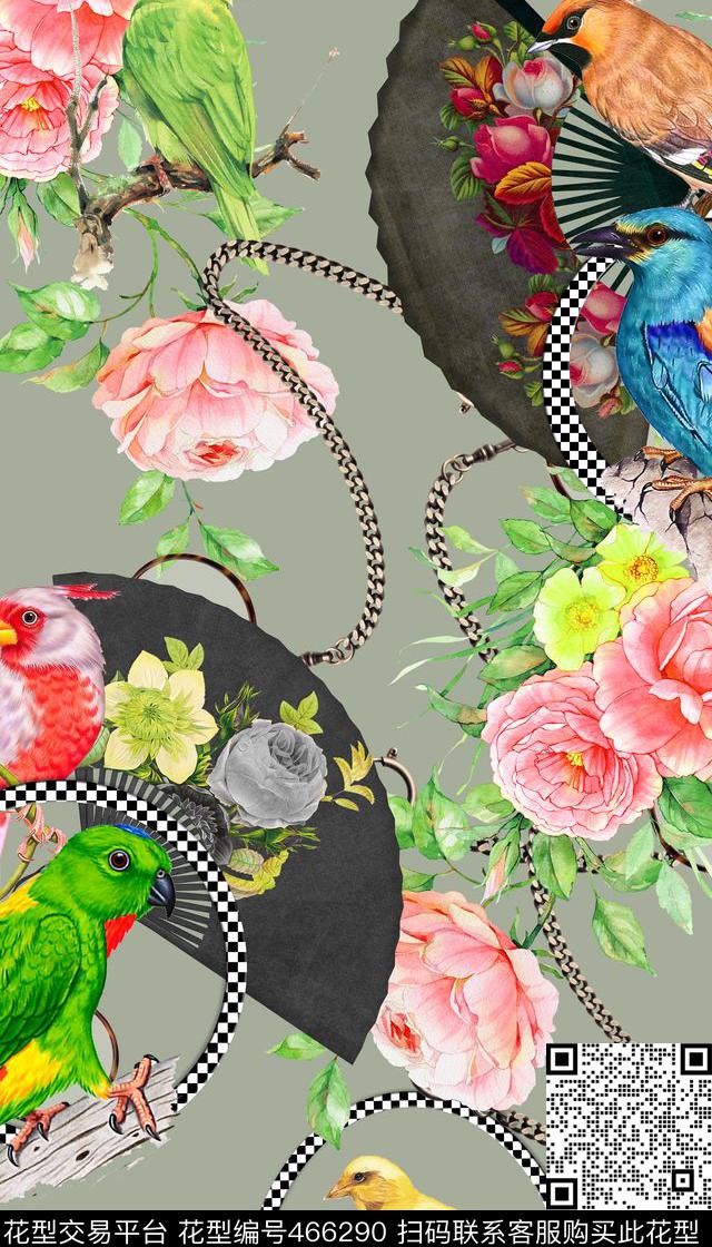 定位花鸟扇子数码印花华亿平台下载（图片编号: 466290） - 瓦栏（Walan）