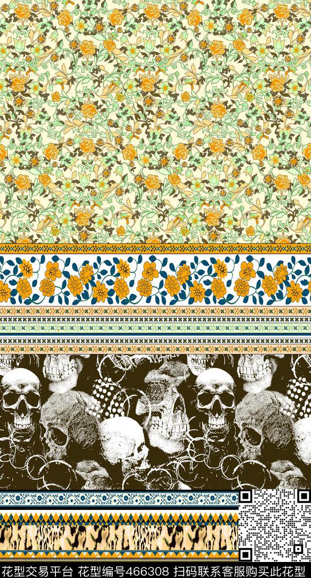 几何花卉骷髅头数码印花华亿平台下载（图片编号: 466308） - 瓦栏（Walan）