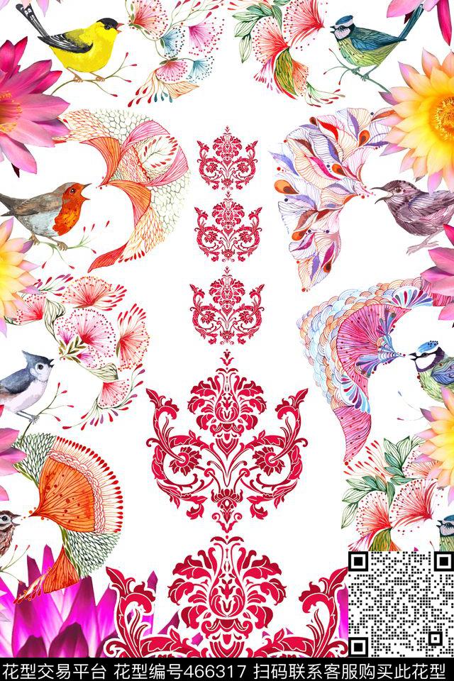欧美雀鸟齐鸣花朵盛开概念印花田园写意数码印花华亿平台下载（图片编号: 466317） - 瓦栏（Walan）