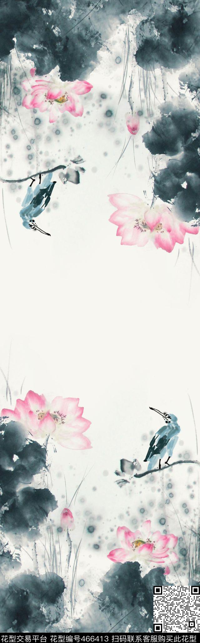丝巾长巾水墨荷花丝巾数码印花华亿平台下载（图片编号: 466413） - 瓦栏（Walan）
