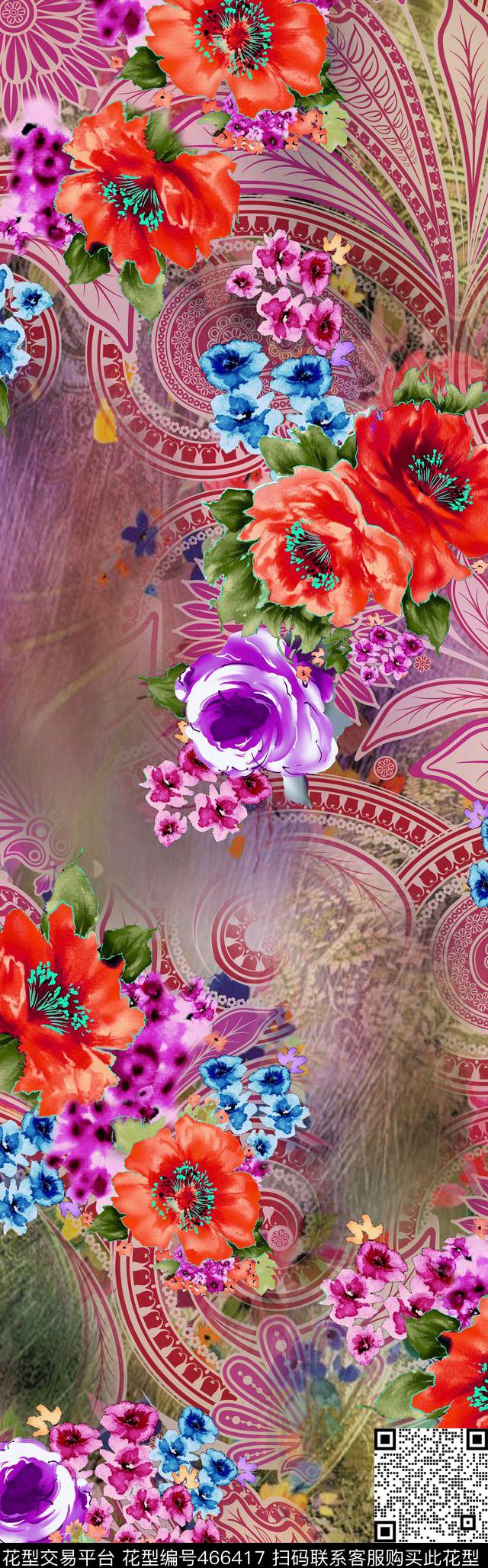丝巾长巾手绘花卉佩里斯纹数码印花华亿平台下载（图片编号: 466417） - 瓦栏（Walan）