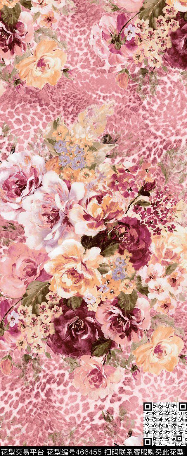 豹纹时尚手绘花卉数码印花华亿平台下载（图片编号: 466455） - 瓦栏（Walan）