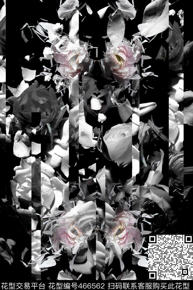黑白花卉镜面数码印花华亿平台下载（图片编号: 466562） - 瓦栏（Walan）