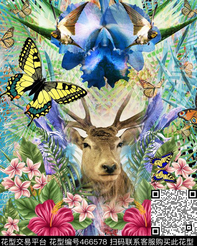 流行时尚植物花卉麋鹿蝴蝶豹纹定位华亿平台数码印花华亿平台下载（图片编号: 466578） - 瓦栏（Walan）