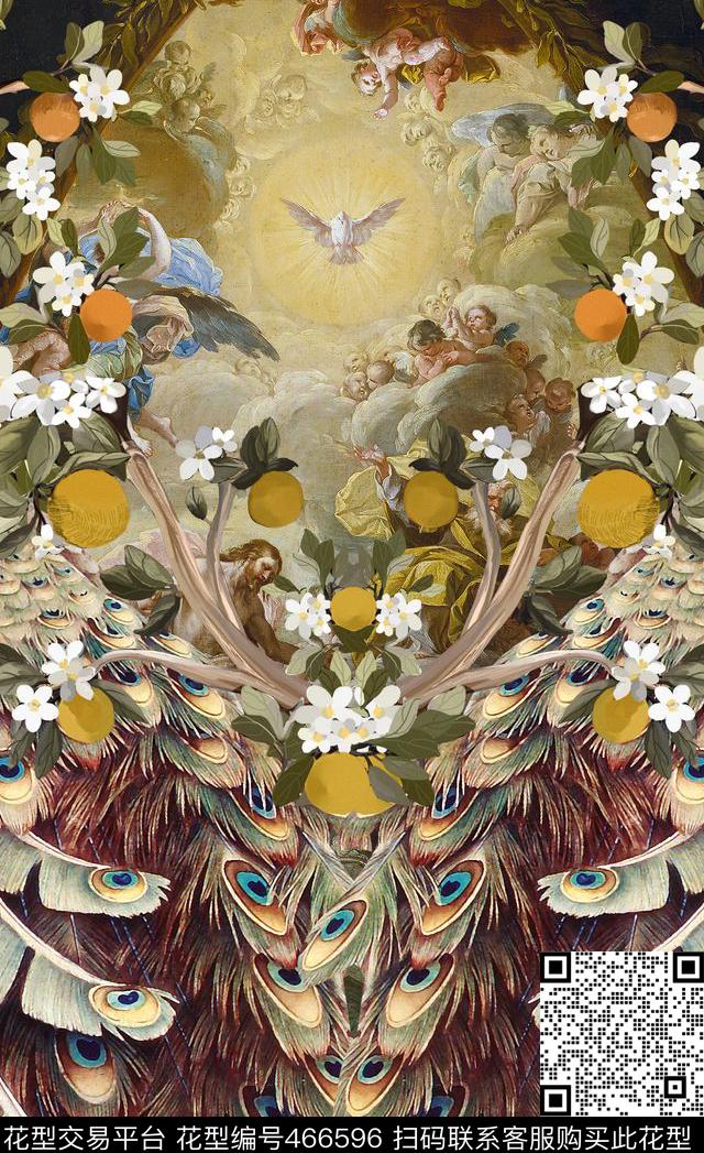 定位欧式孔雀羽毛时尚大牌数码印花华亿平台下载（图片编号: 466596） - 瓦栏（Walan）