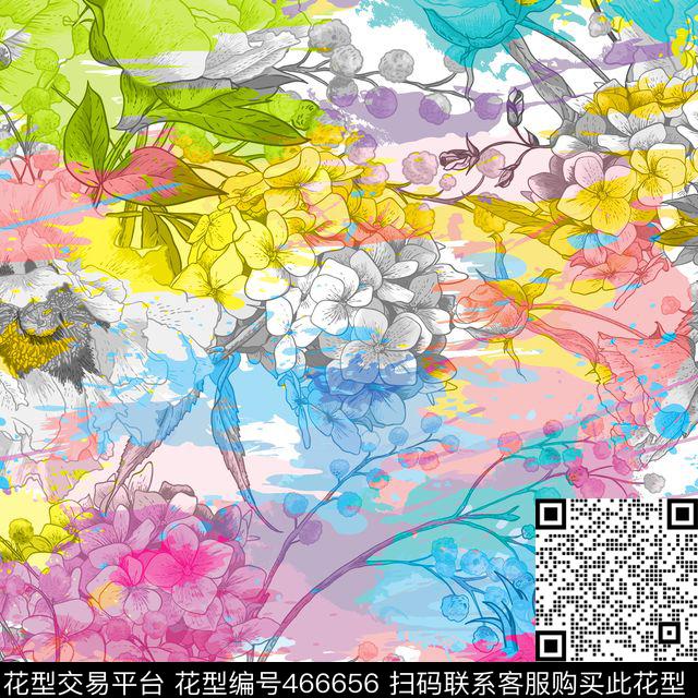 花卉多彩绘画底创意风数码印花华亿平台下载（图片编号: 466656） - 瓦栏（Walan）