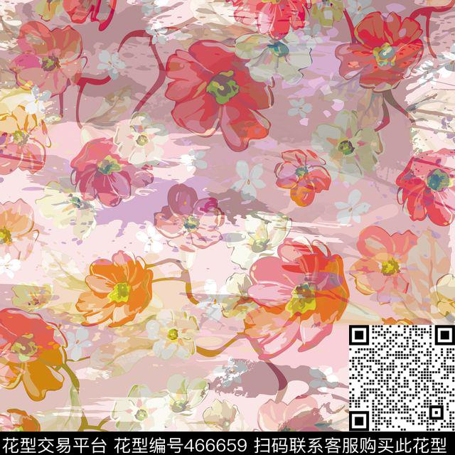 花卉多彩绘画底创意风数码印花华亿平台下载（图片编号: 466659） - 瓦栏（Walan）