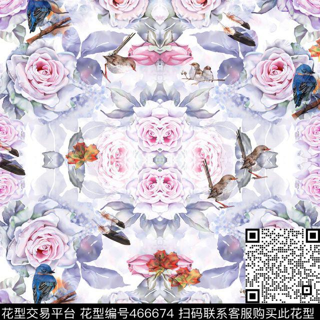 玫瑰花鸟花卉数码印花华亿平台下载（图片编号: 466674） - 瓦栏（Walan）