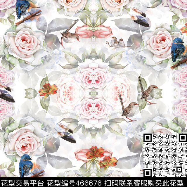 玫瑰花鸟花卉数码印花华亿平台下载（图片编号: 466676） - 瓦栏（Walan）