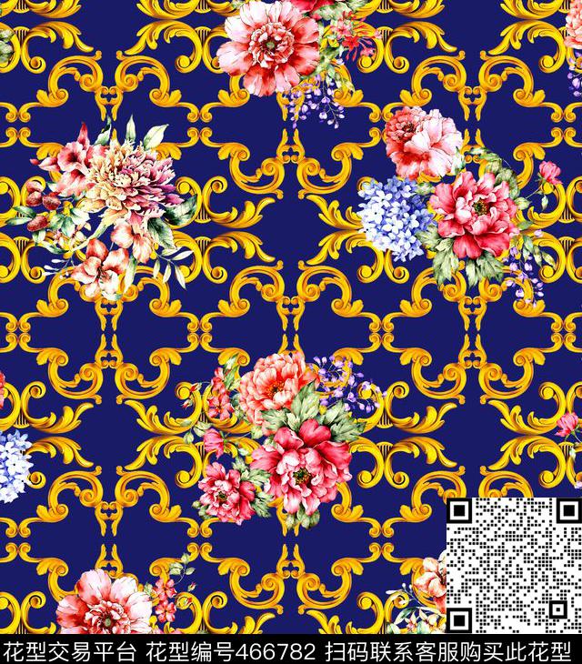 时尚金属卷草水彩数码印花华亿平台下载（图片编号: 466782） - 瓦栏（Walan）