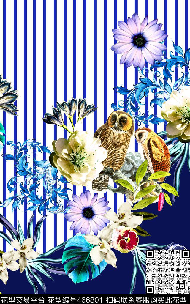 花卉猫头鹰时尚数码印花华亿平台下载（图片编号: 466801） - 瓦栏（Walan）