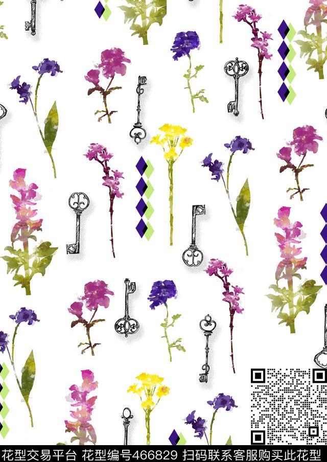 花卉几何水彩数码印花华亿平台下载（图片编号: 466829） - 瓦栏（Walan）