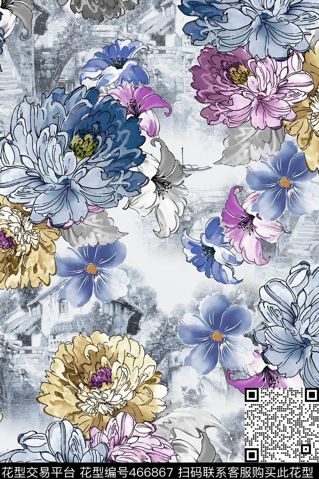满版华亿平台花卉水墨风情数码印花华亿平台下载（图片编号: 466867） - 瓦栏（Walan）