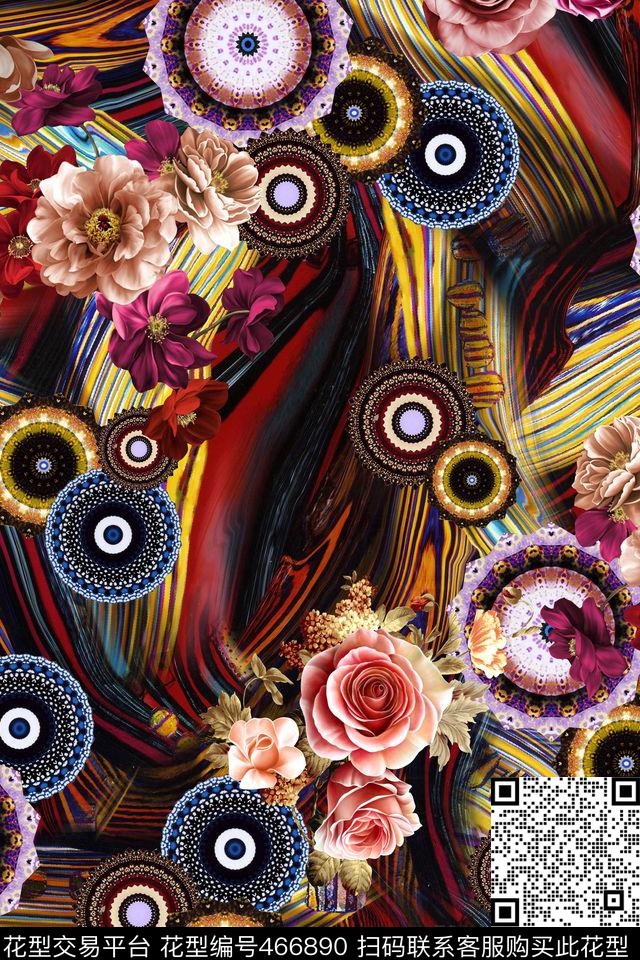 抽漩涡底纹组合花卉秋冬时尚华亿平台数码印花华亿平台下载（图片编号: 466890） - 瓦栏（Walan）
