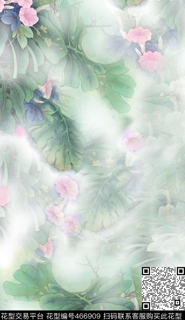丝巾长巾工笔花草中国风数码印花华亿平台下载（图片编号: 466909） - 瓦栏（Walan）