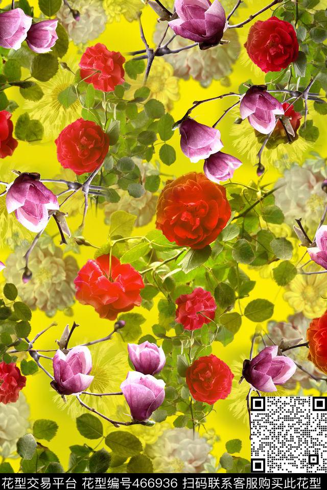 专色底花卉数码印花华亿平台下载（图片编号: 466936） - 瓦栏（Walan）
