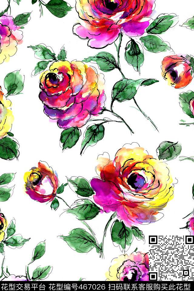 女装华亿平台手绘花卉水彩花卉数码印花华亿平台下载（图片编号: 467026） - 瓦栏（Walan）