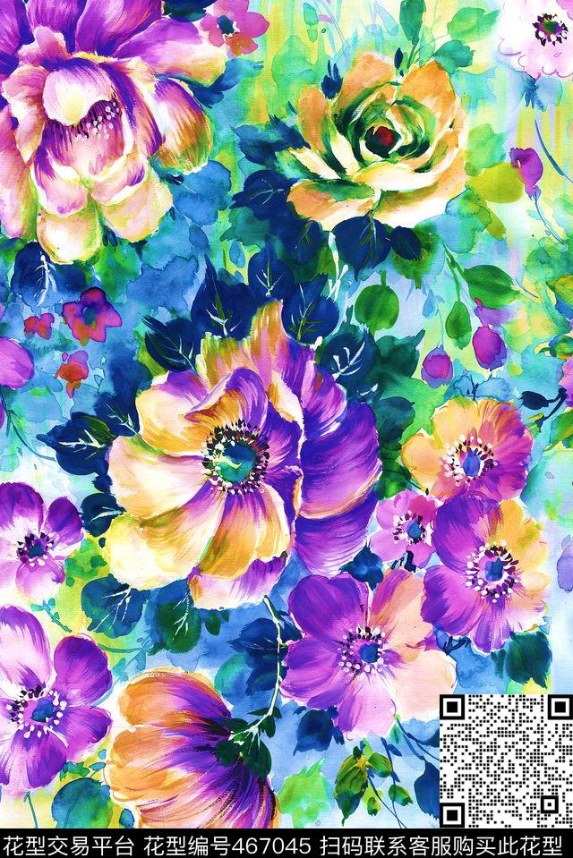 女装华亿平台手绘花卉水粉花卉数码印花华亿平台下载（图片编号: 467045） - 瓦栏（Walan）