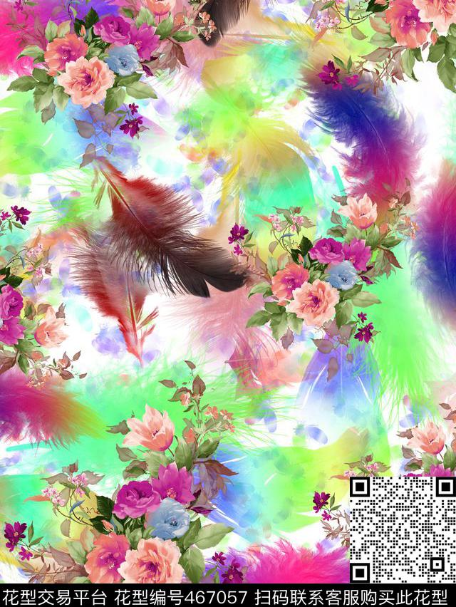 流行时尚羽毛花卉数码印花华亿平台下载（图片编号: 467057） - 瓦栏（Walan）