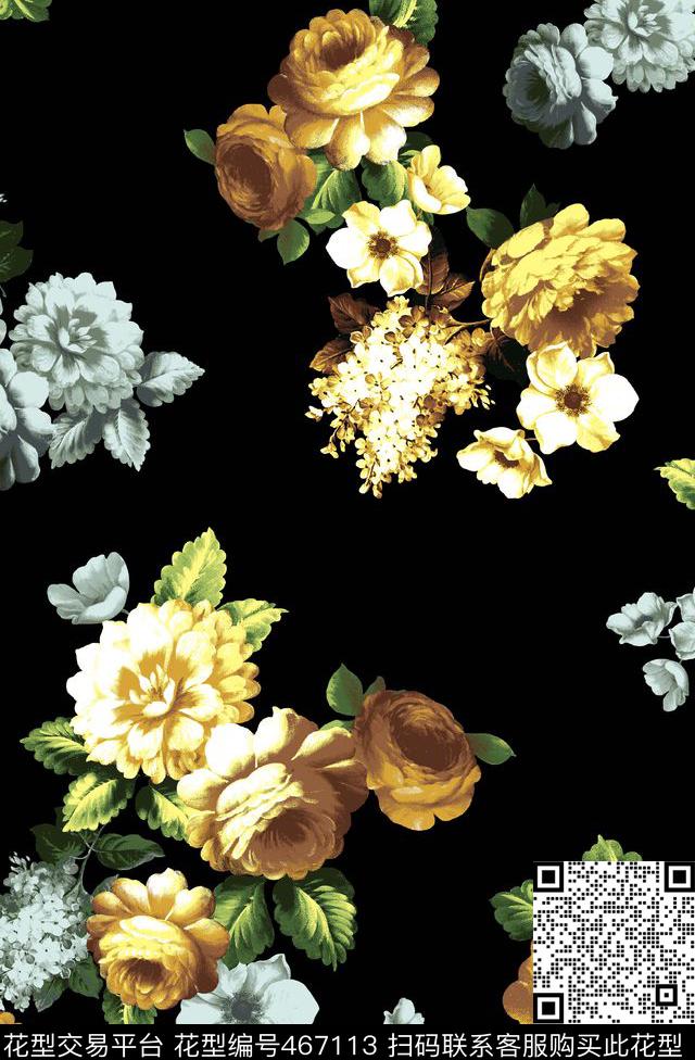 复古花卉手绘数码印花华亿平台下载（图片编号: 467113） - 瓦栏（Walan）
