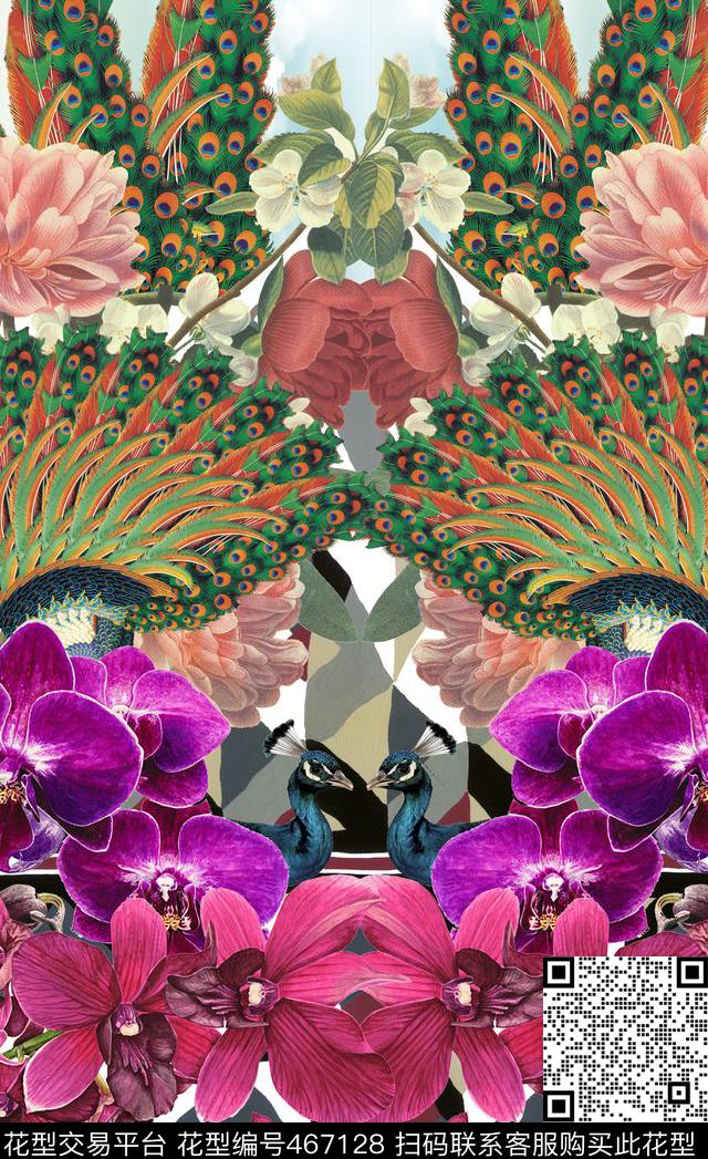 潮流时尚大牌定位孔雀羽毛数码印花华亿平台下载（图片编号: 467128） - 瓦栏（Walan）