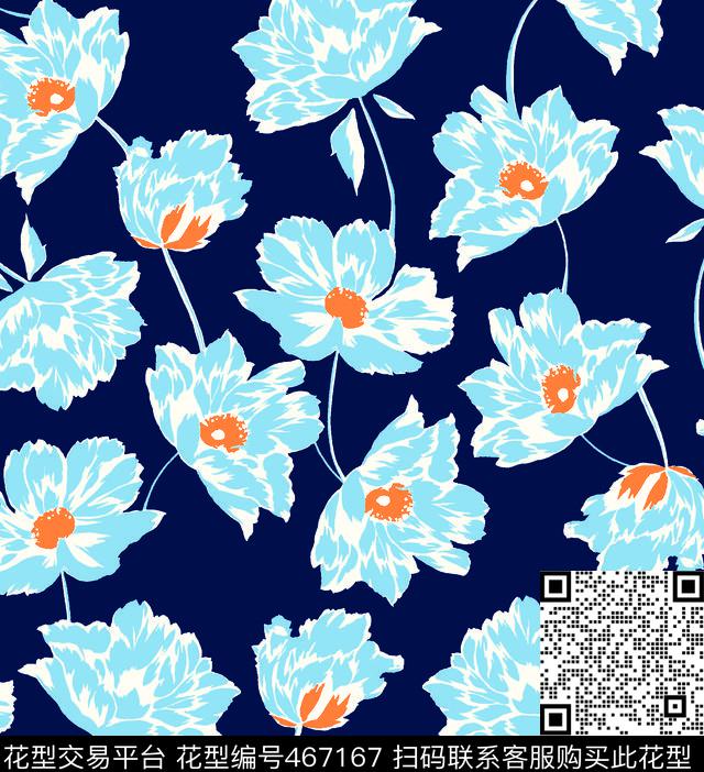 韩版简单荷花蓝底手绘数码印花华亿平台下载（图片编号: 467167） - 瓦栏（Walan）