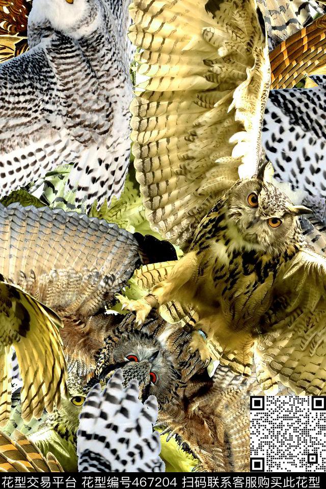 时尚猫头鹰羽毛数码印花华亿平台下载（图片编号: 467204） - 瓦栏（Walan）