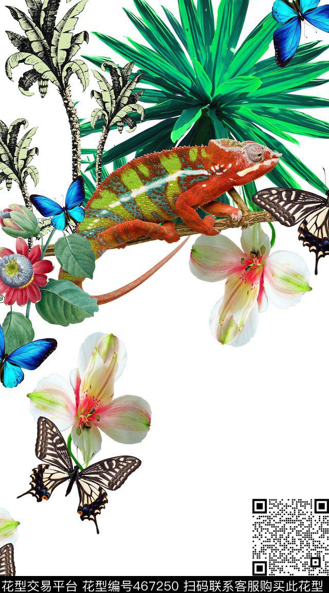 热带动物变色龙蝴蝶、棕榈叶、热带花数码印花华亿平台下载（图片编号: 467250） - 瓦栏（Walan）
