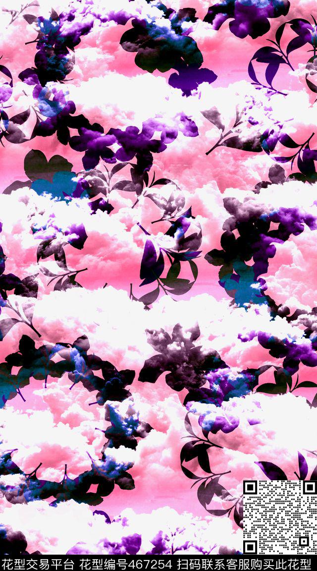 满版抽象花卉组合花卉剪影、云层糖果色数码印花华亿平台下载（图片编号: 467254） - 瓦栏（Walan）