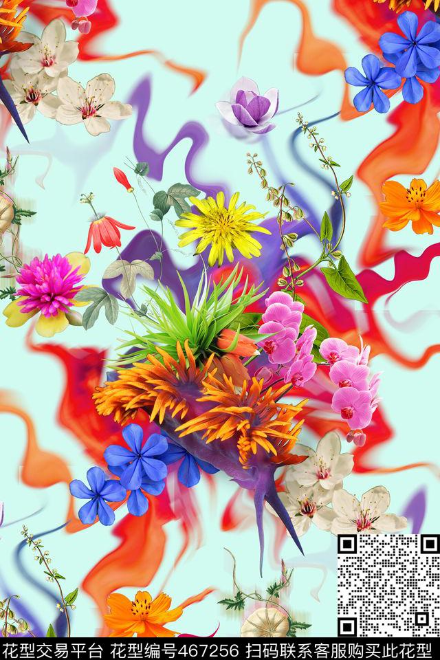 定位花卉水墨晕染数码印花华亿平台下载（图片编号: 467256） - 瓦栏（Walan）