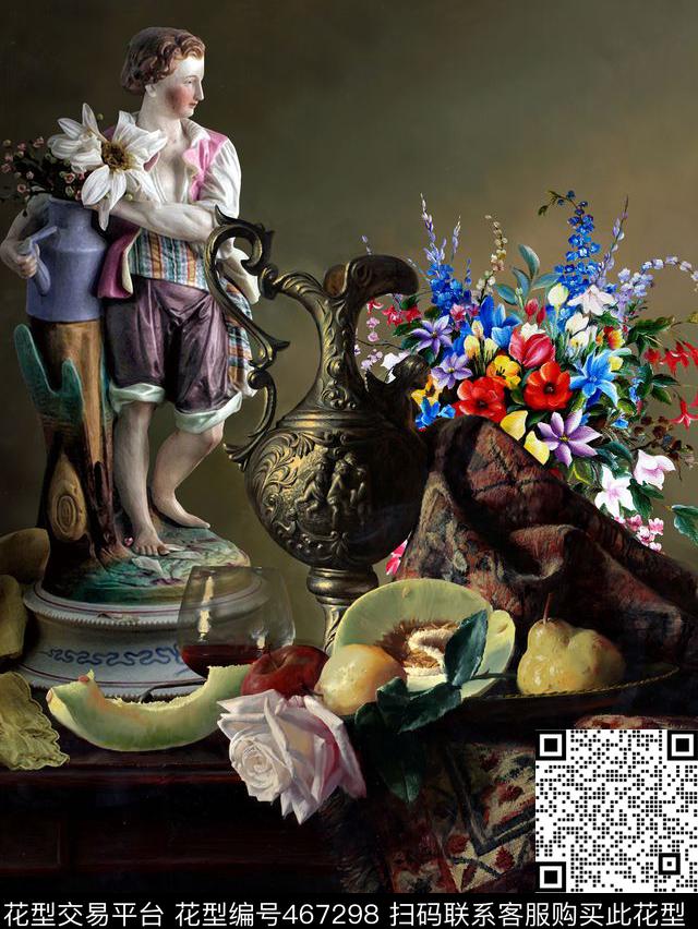 欧美风油画、静物写生、香槟美酒、陶瓷人物、热带水果、花瓶、花卉花草树木数码印花华亿平台下载（图片编号: 467298） - 瓦栏（Walan）