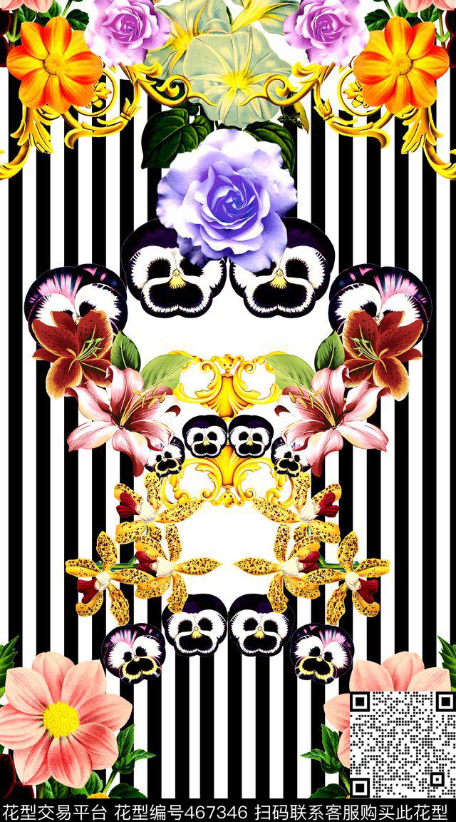 欧式条纹花卉数码印花华亿平台下载（图片编号: 467346） - 瓦栏（Walan）