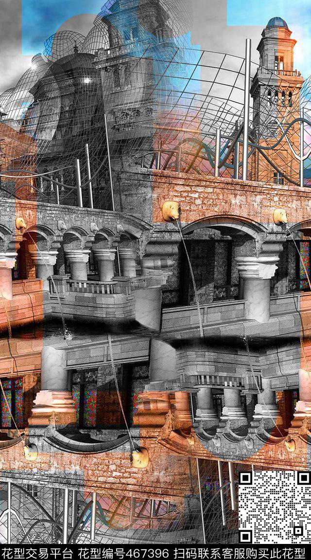 滤色海盗建筑变异色男装数码印花华亿平台下载（图片编号: 467396） - 瓦栏（Walan）