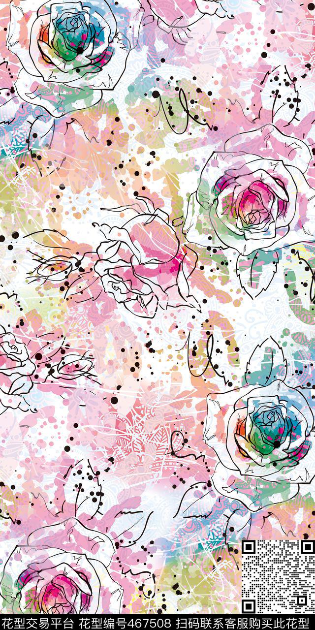 时尚花卉多彩绘画创意风数码印花华亿平台下载（图片编号: 467508） - 瓦栏（Walan）