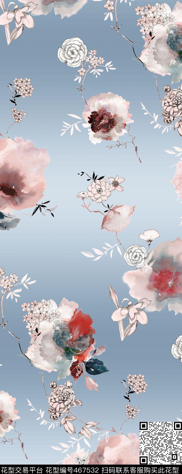 花卉渐变时尚数码印花华亿平台下载（图片编号: 467532） - 瓦栏（Walan）