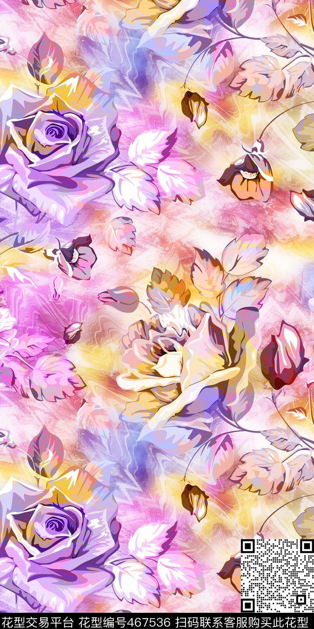 时尚花卉多彩绘画底创意风数码印花华亿平台下载（图片编号: 467536） - 瓦栏（Walan）