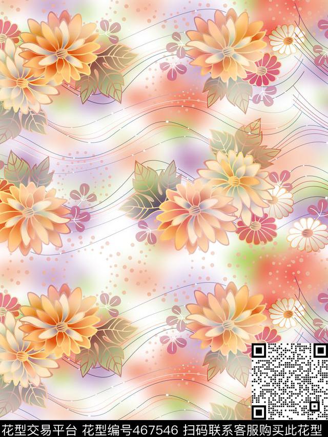 时尚花卉多彩绘画底创意风数码印花华亿平台下载（图片编号: 467546） - 瓦栏（Walan）