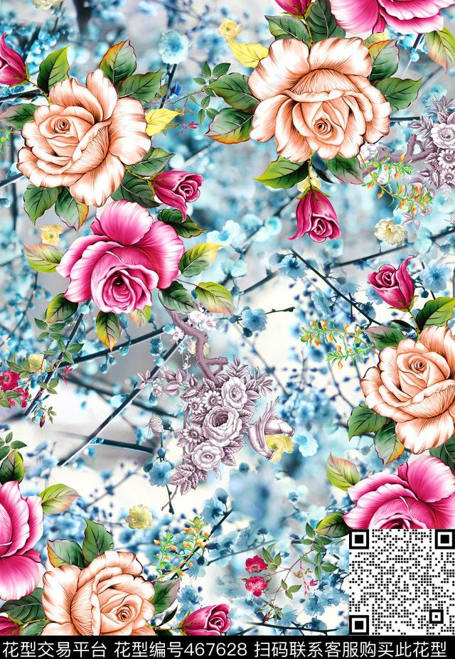 清新玫瑰花樱花精致玫瑰花。梦幻樱花底纹花卉植物类数码印花华亿平台下载（图片编号: 467628） - 瓦栏（Walan）
