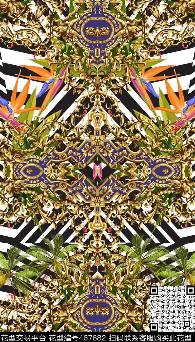 热带几何天堂鸟数码印花华亿平台下载（图片编号: 467682） - 瓦栏（Walan）