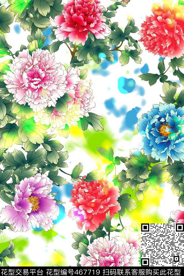 中国风牡丹花水彩墨点数码印花华亿平台下载（图片编号: 467719） - 瓦栏（Walan）